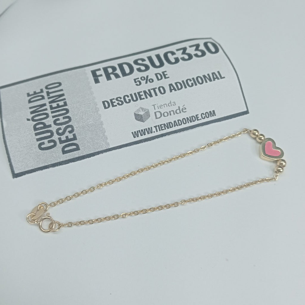 PULSERA TEJIDO ESPECIAL CON FIGURA CORAZON CON ESMALTE ROSA 14K 18 CM 2 GR (NUEVO)