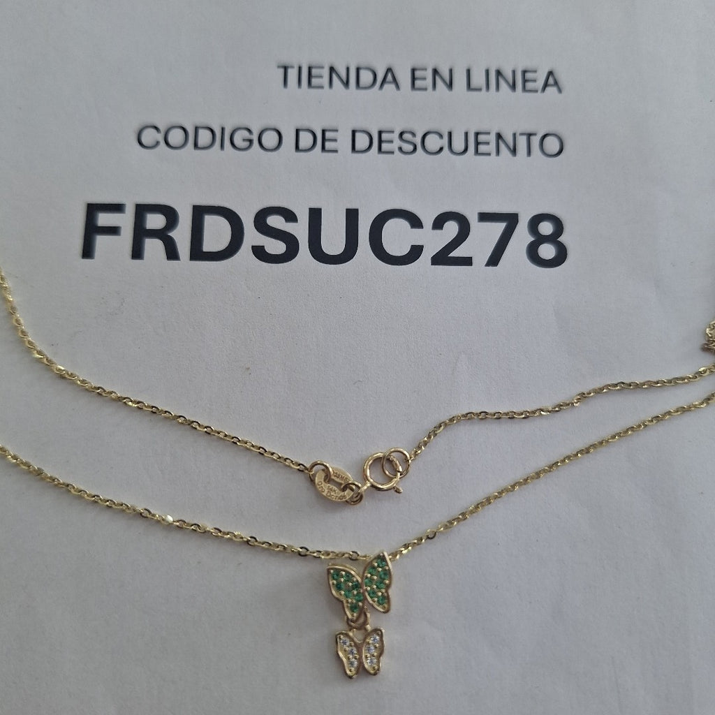 CADENA TEJIDO GARGANTILLA CON DIJE MARIPOSAS CIRCONIAS Y PIEDRAS DE COLOR 14K 45 CM 2 GR (NUEVO)