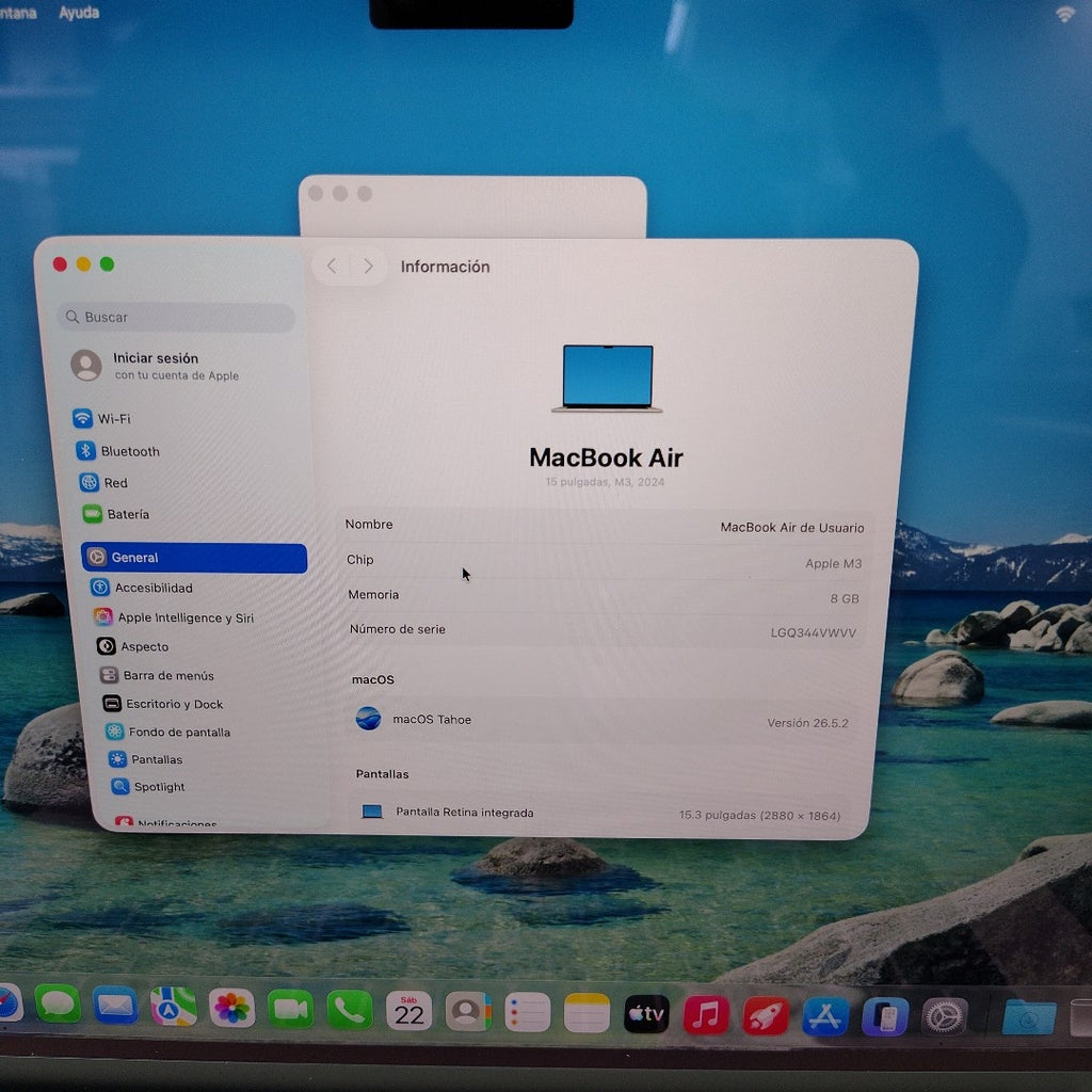 LAPTOP APPLE MACBOOK AIR 15"2024 4.5 A3114 256 GB SSD 8 GB RAM (SEMINUEVO)