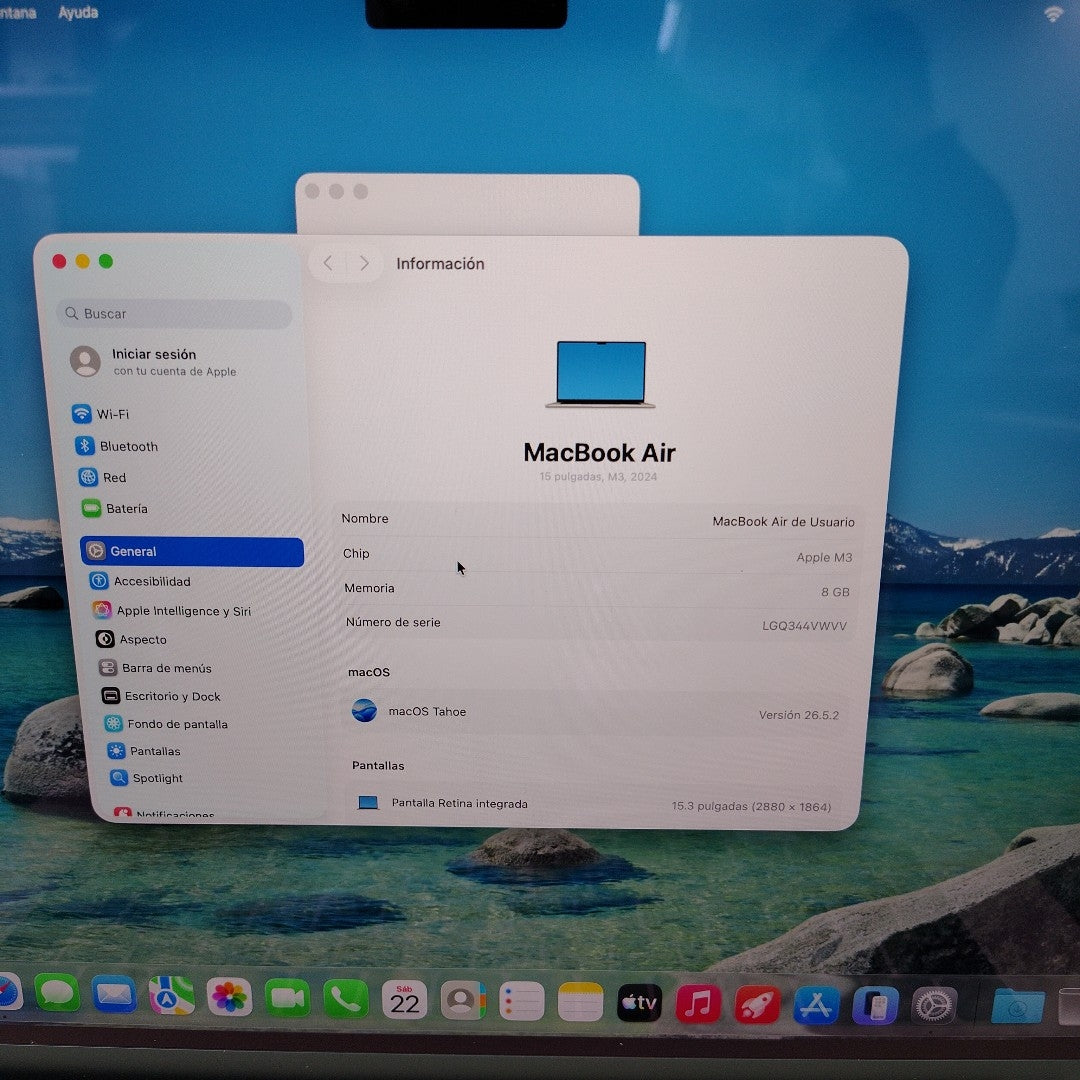LAPTOP APPLE MACBOOK AIR 15"2024 4.5 A3114 256 GB SSD 8 GB RAM (SEMINUEVO)