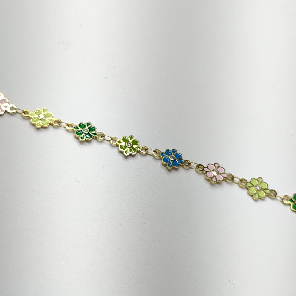 PULSERA ESPECIAL FLORES CON ESMALTE 14K 18 CM 4.5 GR (NUEVO)