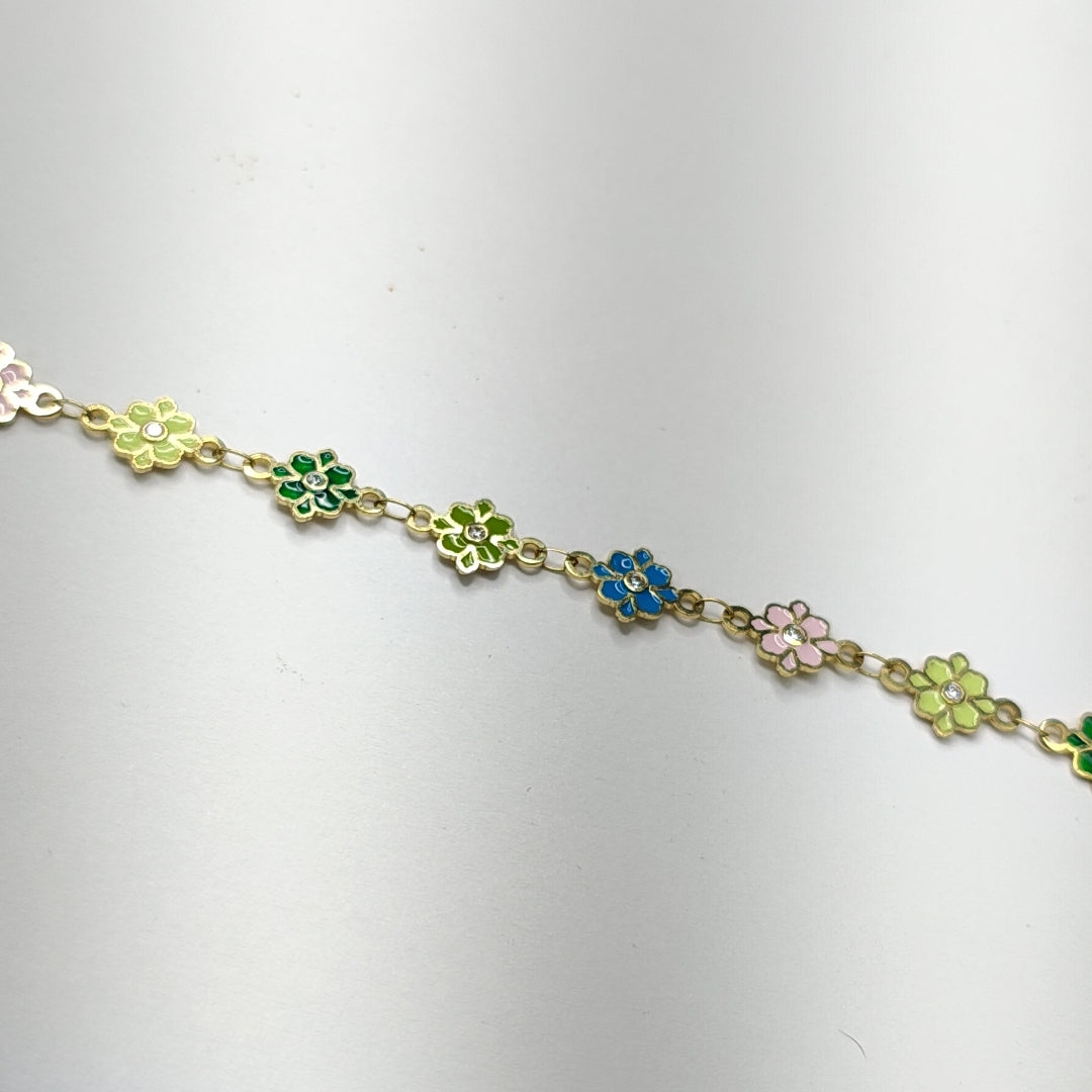 PULSERA ESPECIAL FLORES CON ESMALTE 14K 18 CM 4.5 GR (NUEVO)
