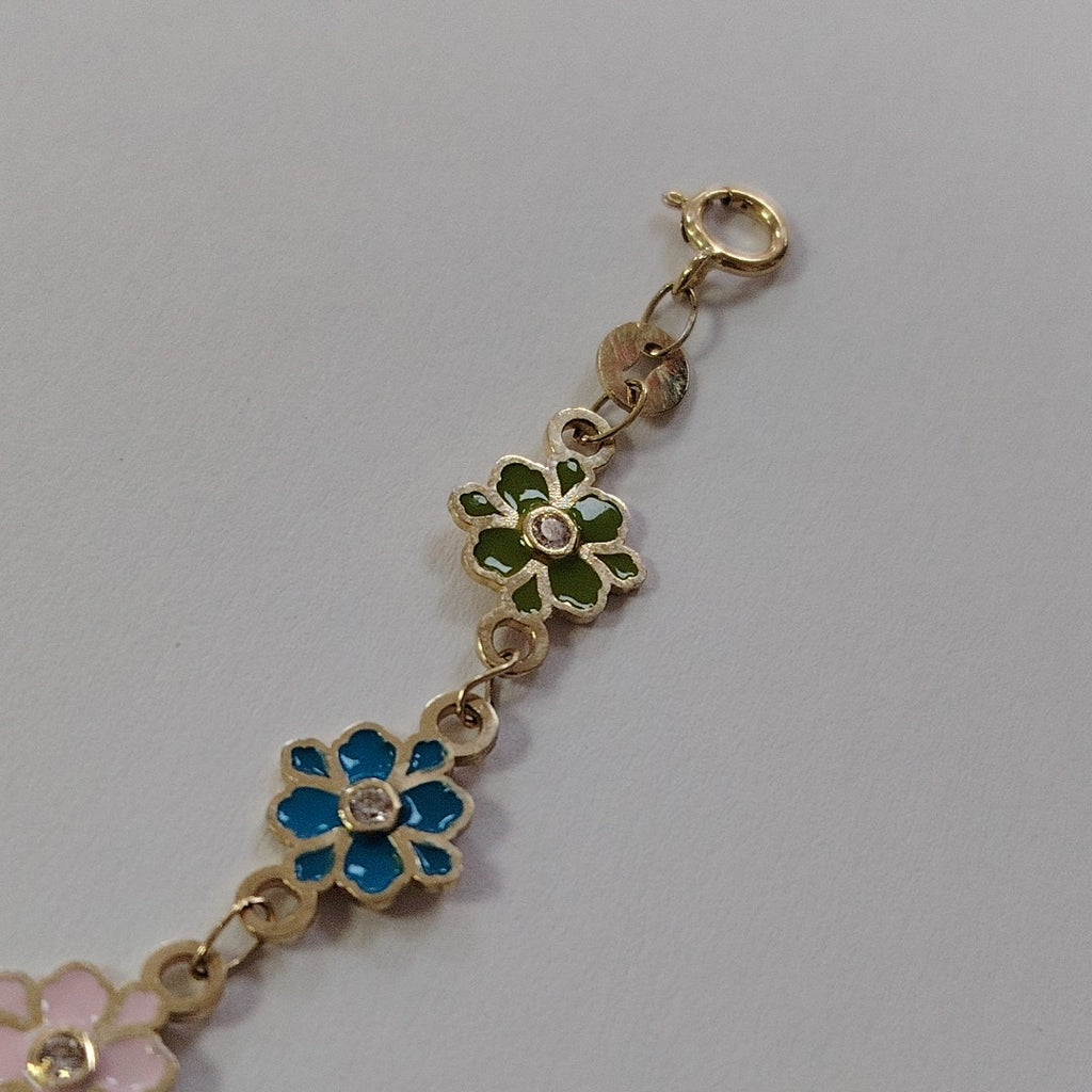 PULSERA ESPECIAL FLORES CON ESMALTE 14K 18 CM 4.5 GR (NUEVO)