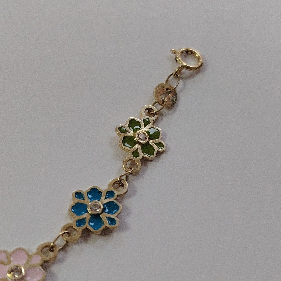 PULSERA ESPECIAL FLORES CON ESMALTE 14K 18 CM 4.5 GR (NUEVO)