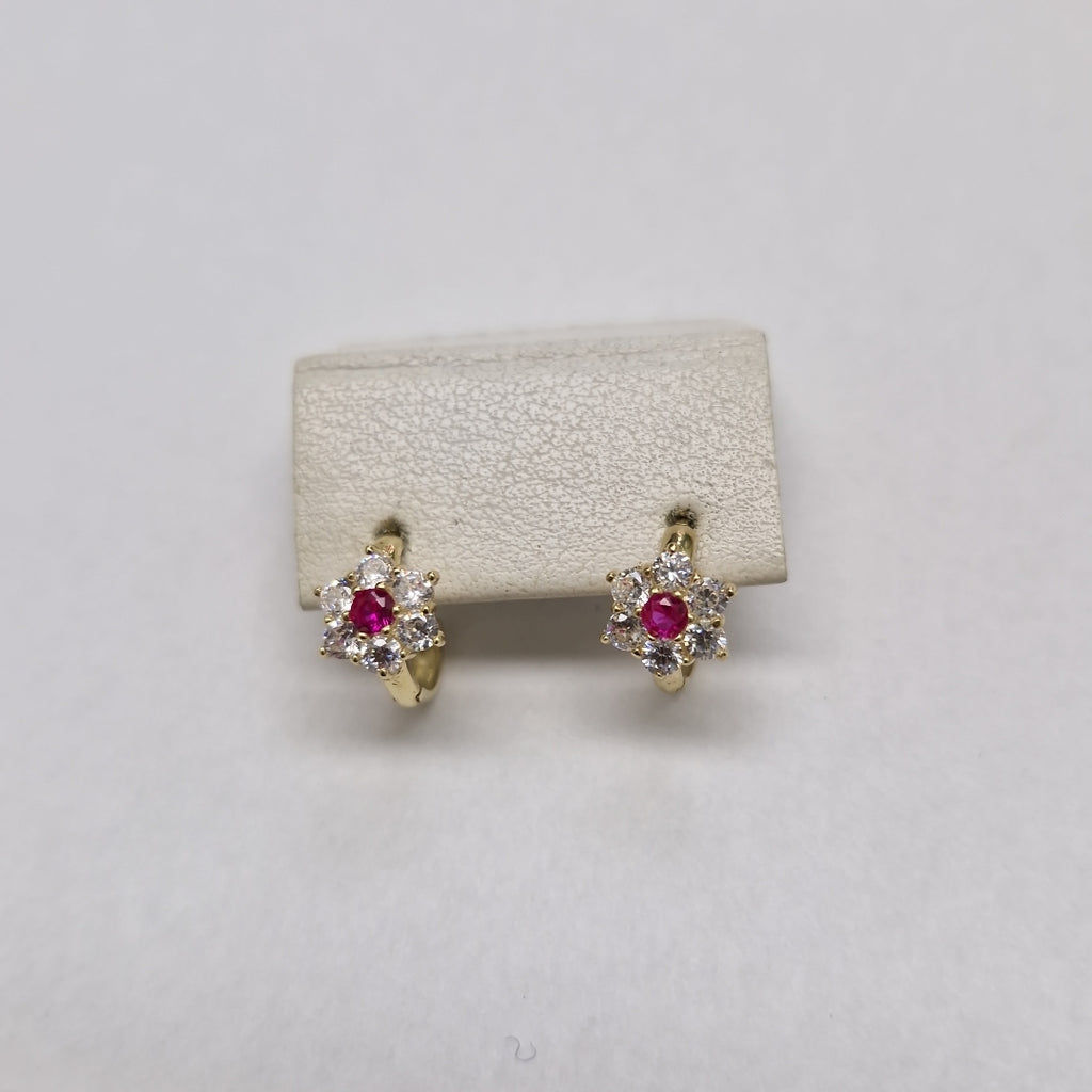 ARETES HUGGIES CON CIRCONIAS Y PIEDRA DE COLOR 14K 1.8 GR (NUEVO)