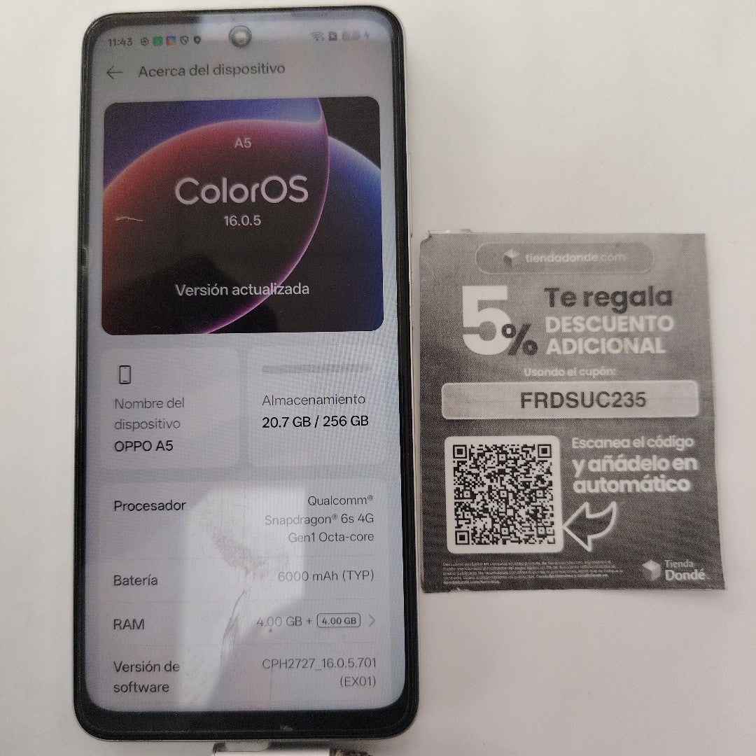 CELULAR OPPO A5 CPH2727 (2025) 256 GB 4 GB RAM (SEMINUEVO)