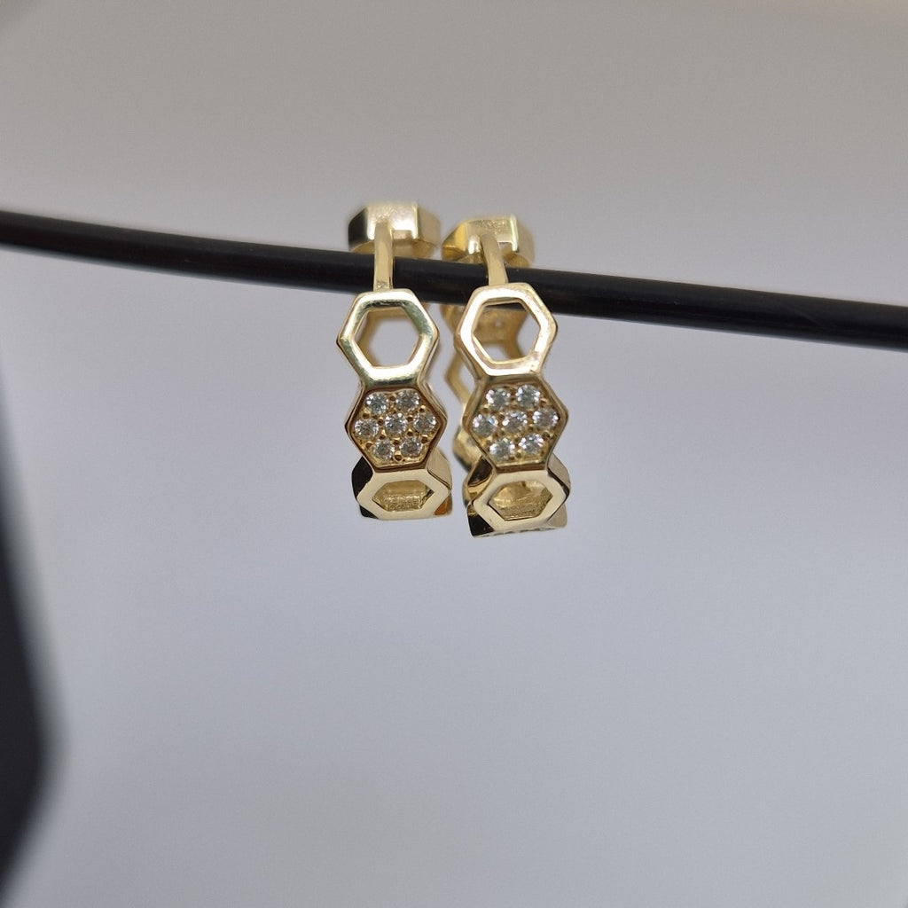 ARETES HUGGIES HEXAGONALES C CIRCONIAS 14K 2.7 GR (NUEVO)