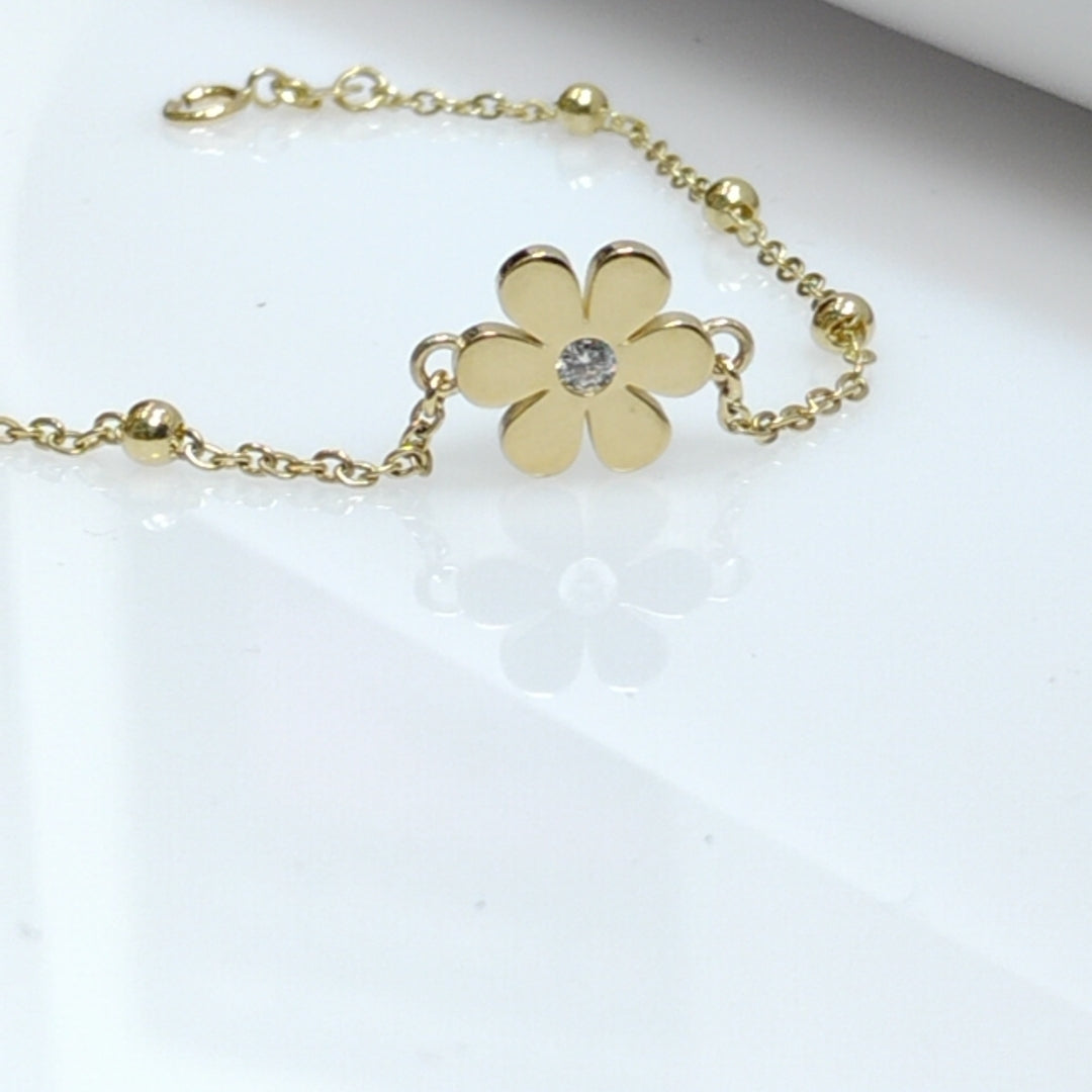 PULSERA TEJIDO ESPECIAL FLOR CON CIRCONIA 14K 18 CM 2.5 GR (NUEVO)