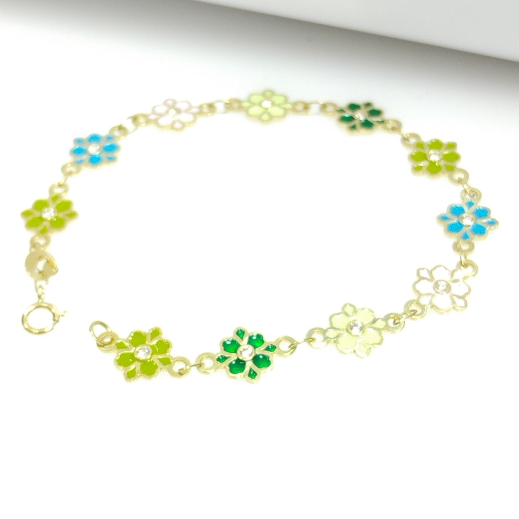 PULSERA ESPECIAL FLORES CON ESMALTE 14K 18 CM 4.5 GR (NUEVO)