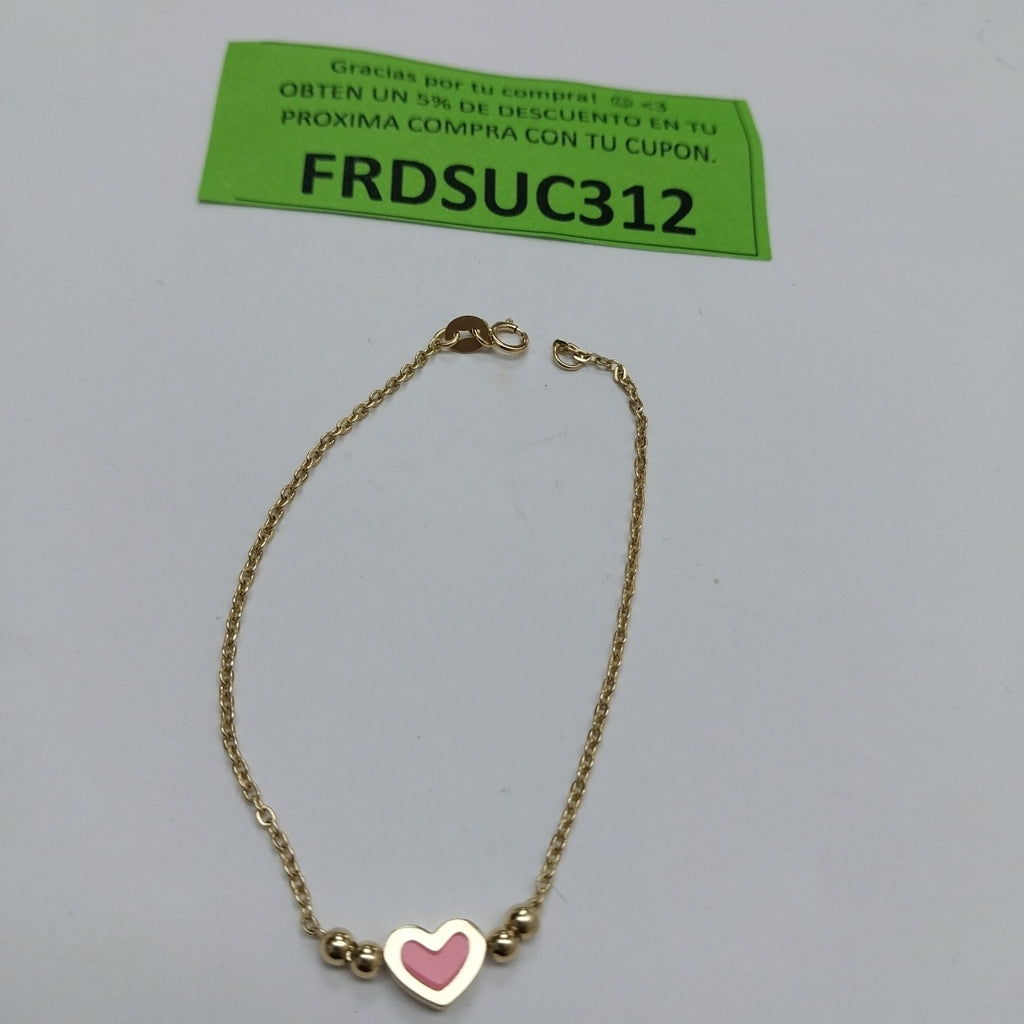 PULSERA TEJIDO ESPECIAL CON FIGURA CORAZON CON ESMALTE ROSA 14K 18 CM 2 GR (NUEVO)