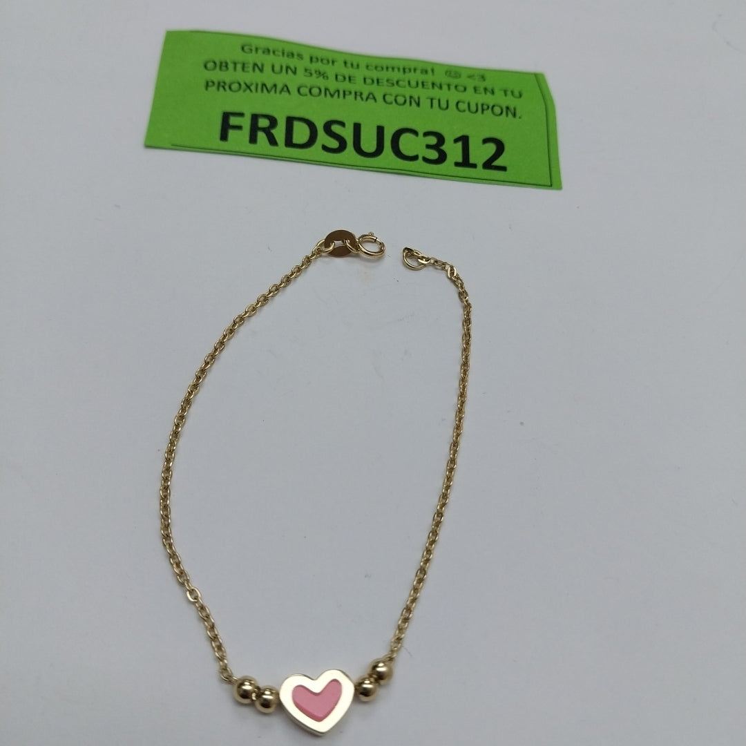 PULSERA TEJIDO ESPECIAL CON FIGURA CORAZON CON ESMALTE ROSA 14K 18 CM 2 GR (NUEVO)