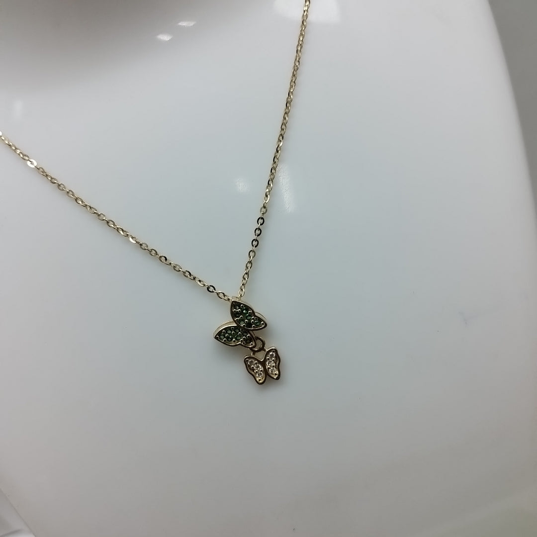 CADENA TEJIDO GARGANTILLA CON DIJE MARIPOSAS CIRCONIAS Y PIEDRAS DE COLOR 14K 45 CM 2 GR (NUEVO)