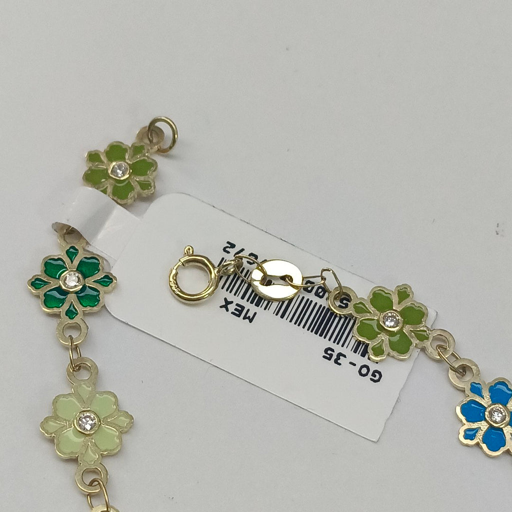 PULSERA ESPECIAL FLORES CON ESMALTE 14K 18 CM 4.5 GR (NUEVO)