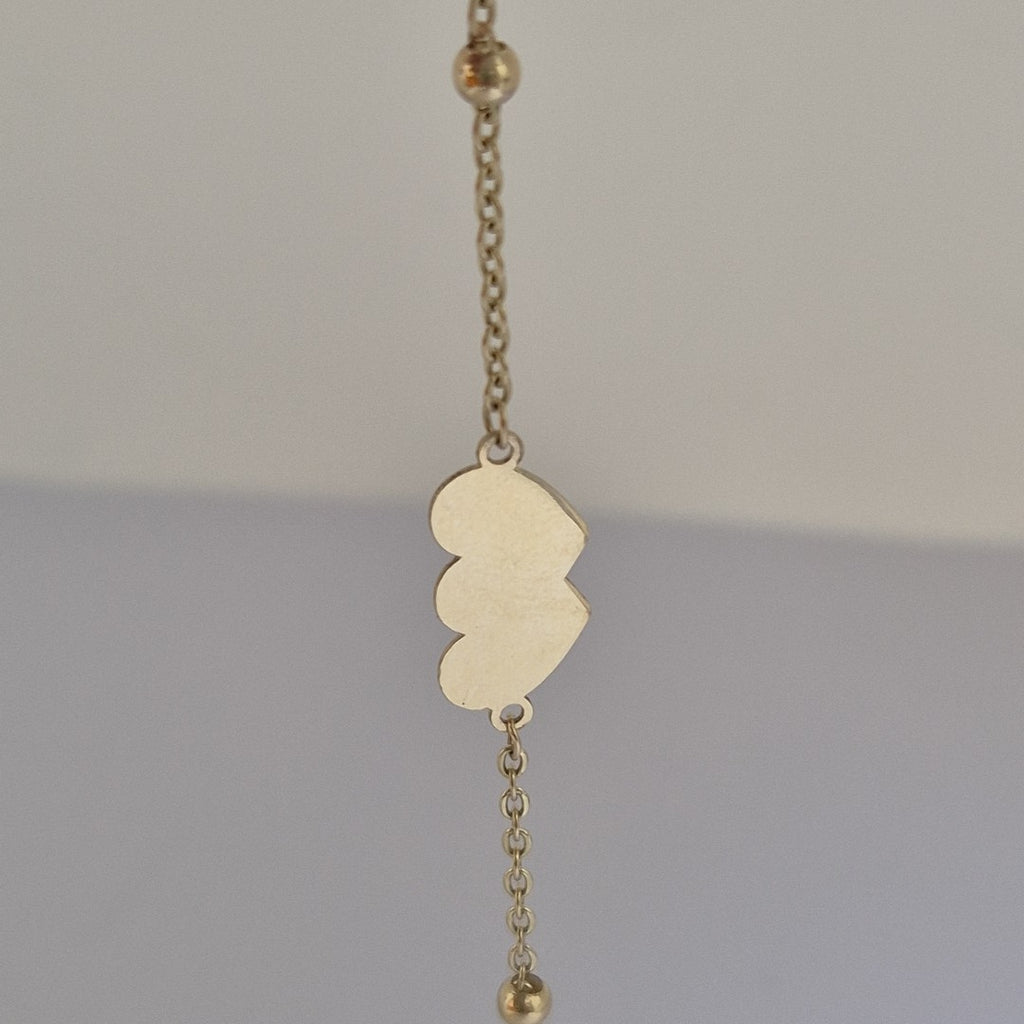 PULSERA TEJIDO ESPECIAL CON DOS CORAZONES 14K 18 CM 1.7 GR (NUEVO)