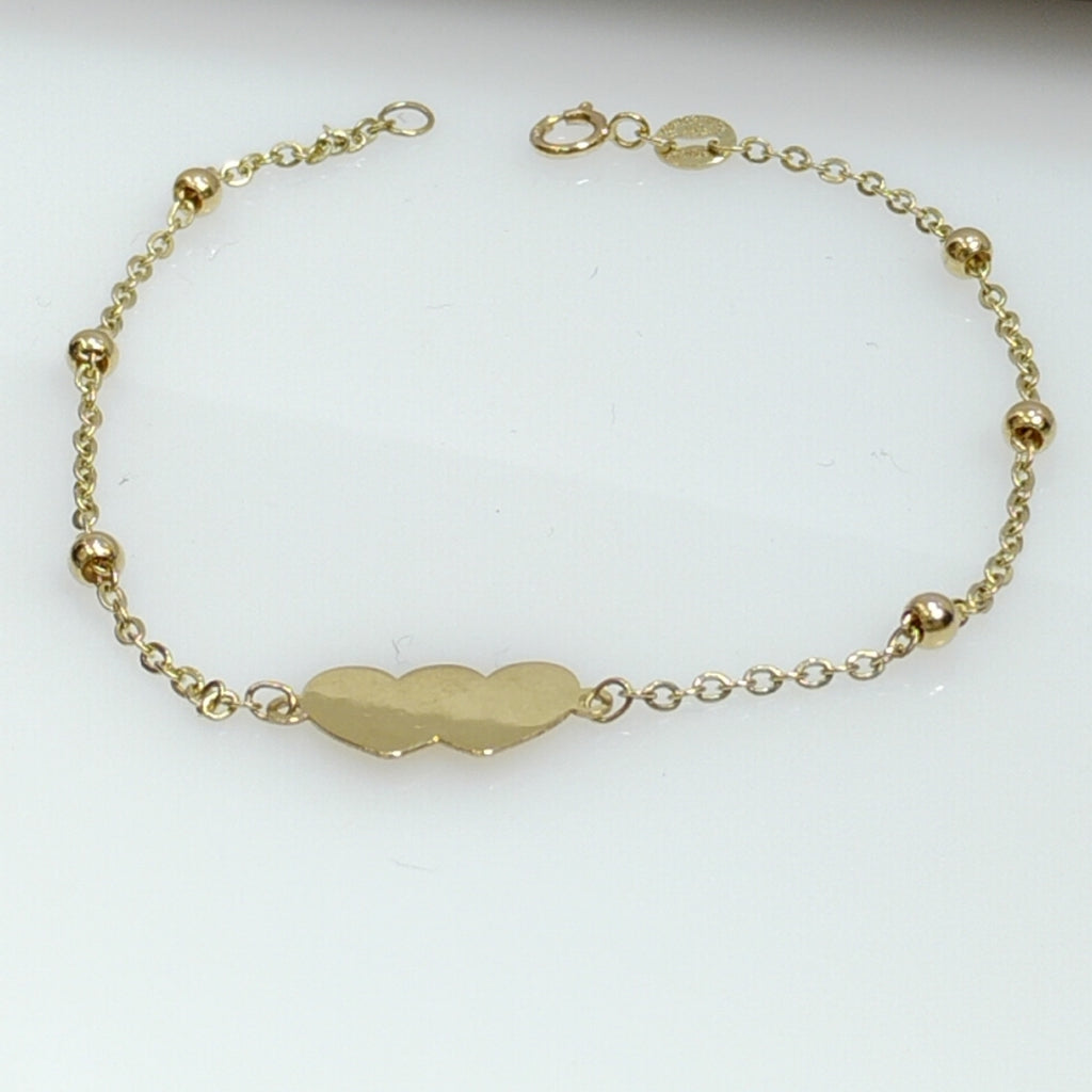PULSERA TEJIDO ESPECIAL CON DOS CORAZONES 14K 18 CM 1.7 GR (NUEVO)