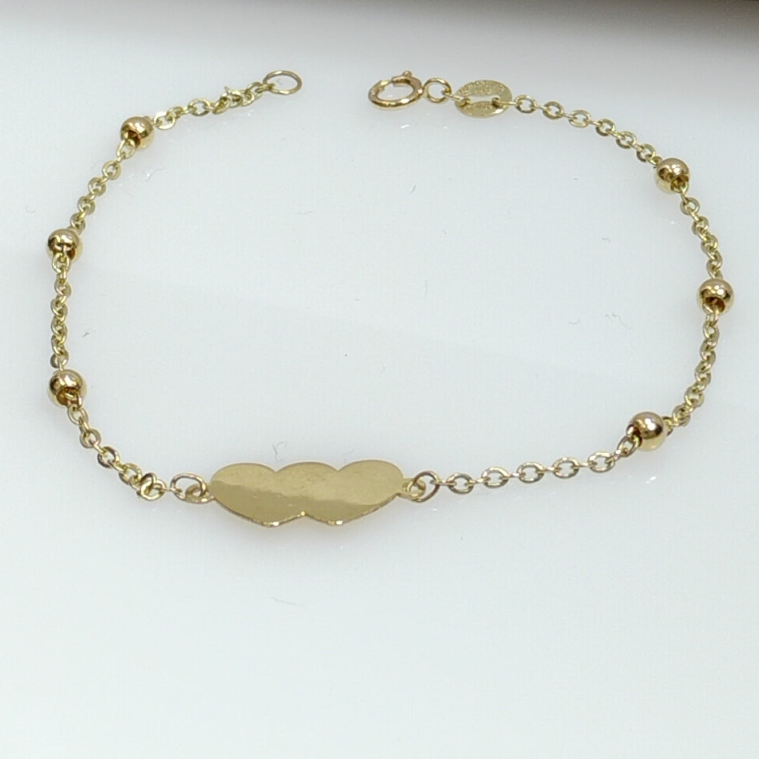 PULSERA TEJIDO ESPECIAL CON DOS CORAZONES 14K 18 CM 1.7 GR (NUEVO)