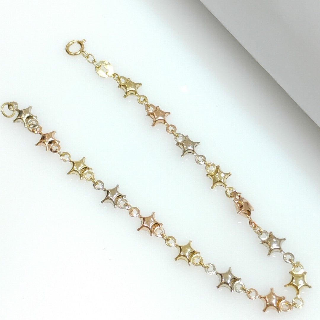 PULSERA TEJIDO ESPECIAL ESTRELLAS COMBINADAS 14K 18 CM 2.3 GR (NUEVO)