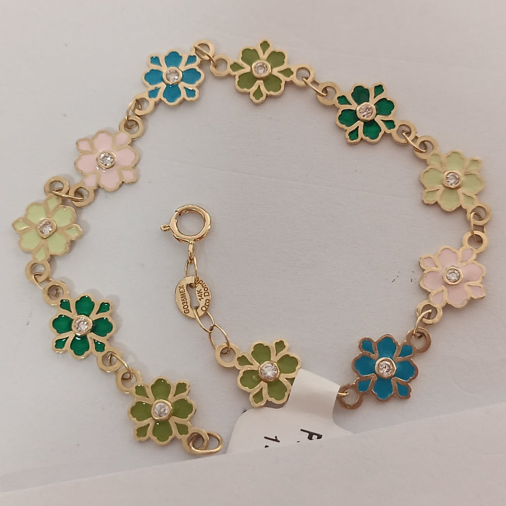 PULSERA ESPECIAL FLORES CON ESMALTE 14K 18 CM 4.6 GR (NUEVO)
