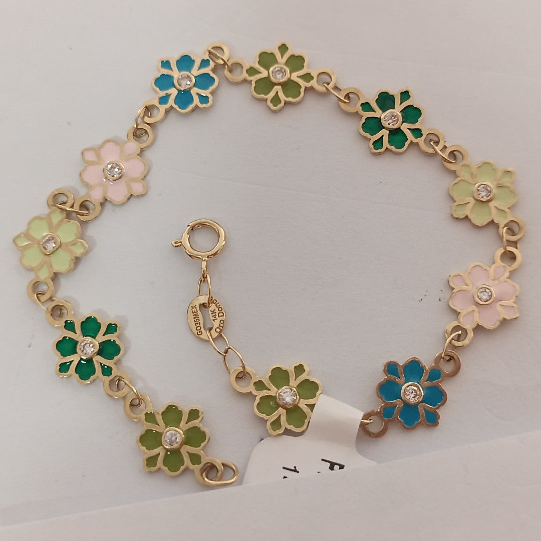 PULSERA ESPECIAL FLORES CON ESMALTE 14K 18 CM 4.6 GR (NUEVO)