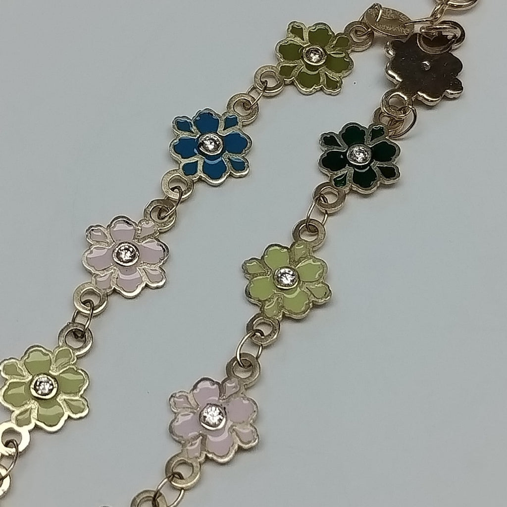 PULSERA ESPECIAL FLORES CON ESMALTE 14K 18 CM 4.7 GR (NUEVO)