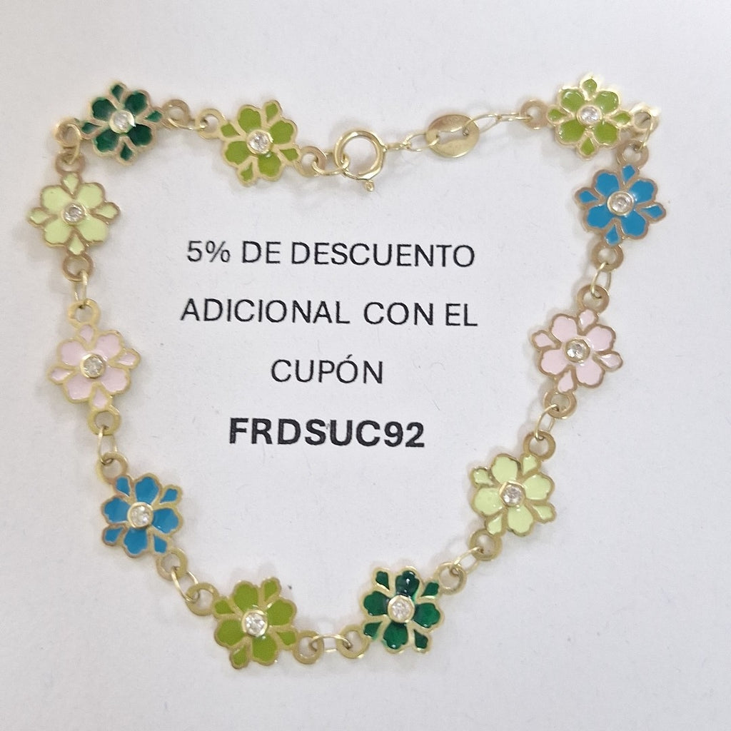 PULSERA ESPECIAL FLORES CON ESMALTE 14K 18 CM 4.5 GR (NUEVO)