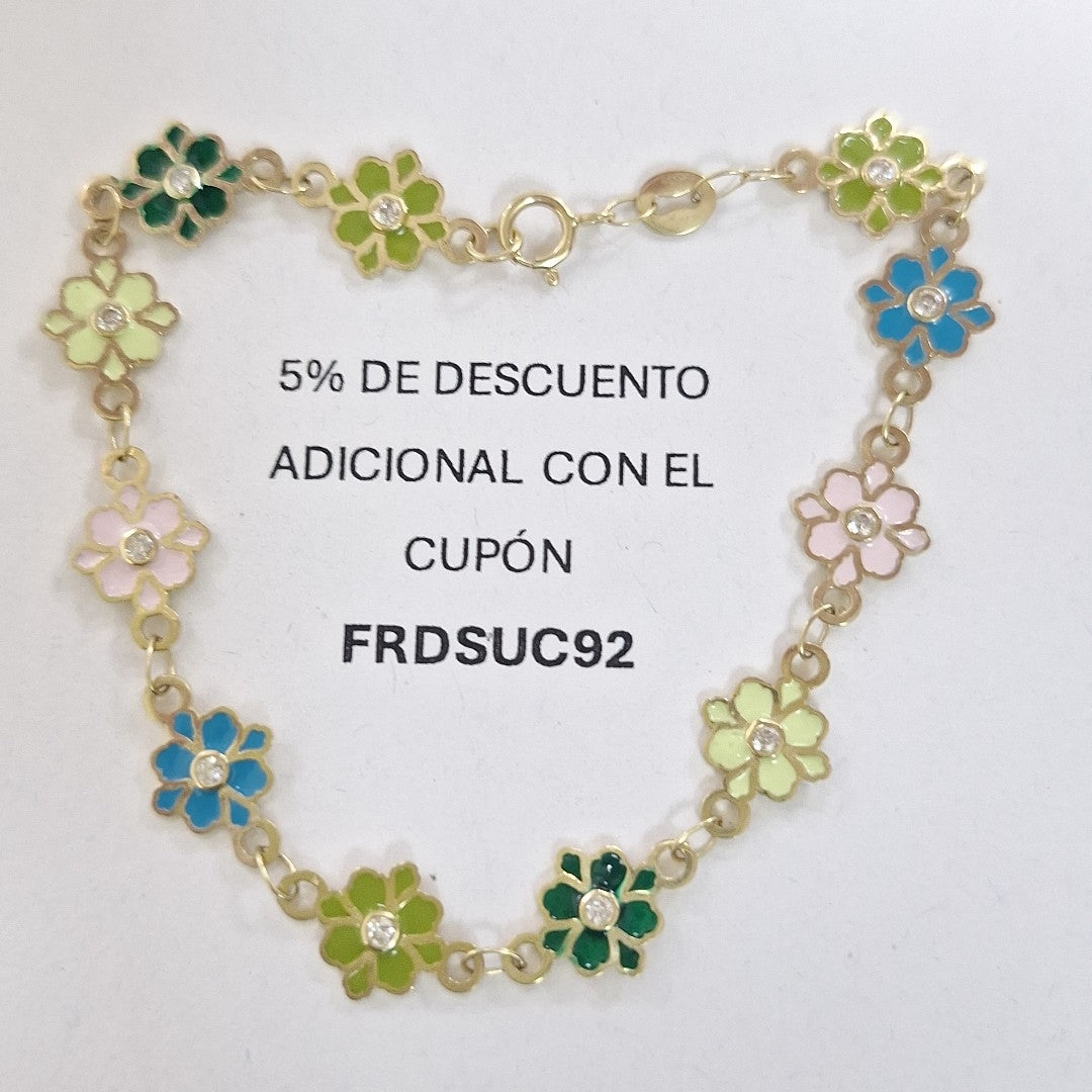PULSERA ESPECIAL FLORES CON ESMALTE 14K 18 CM 4.5 GR (NUEVO)
