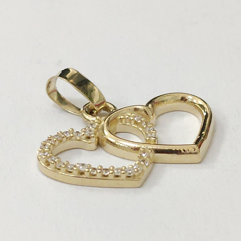 DIJE TEJIDO DOS CORAZONES CON CIRCONIAS 14K 1.5 GR (NUEVO)