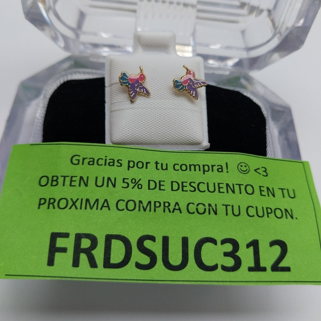 BROQUELES BROQUEL FIG COLIBRI ESMALTE ROSA 14K 0.2138 GR (NUEVO)
