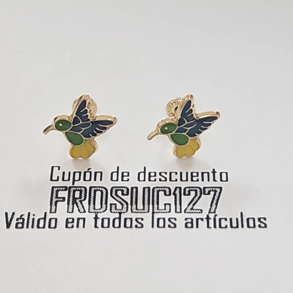 BROQUELES BROQUEL FIG COLIBRI ESMALTE VERDE 14K 0.2138 GR (NUEVO)