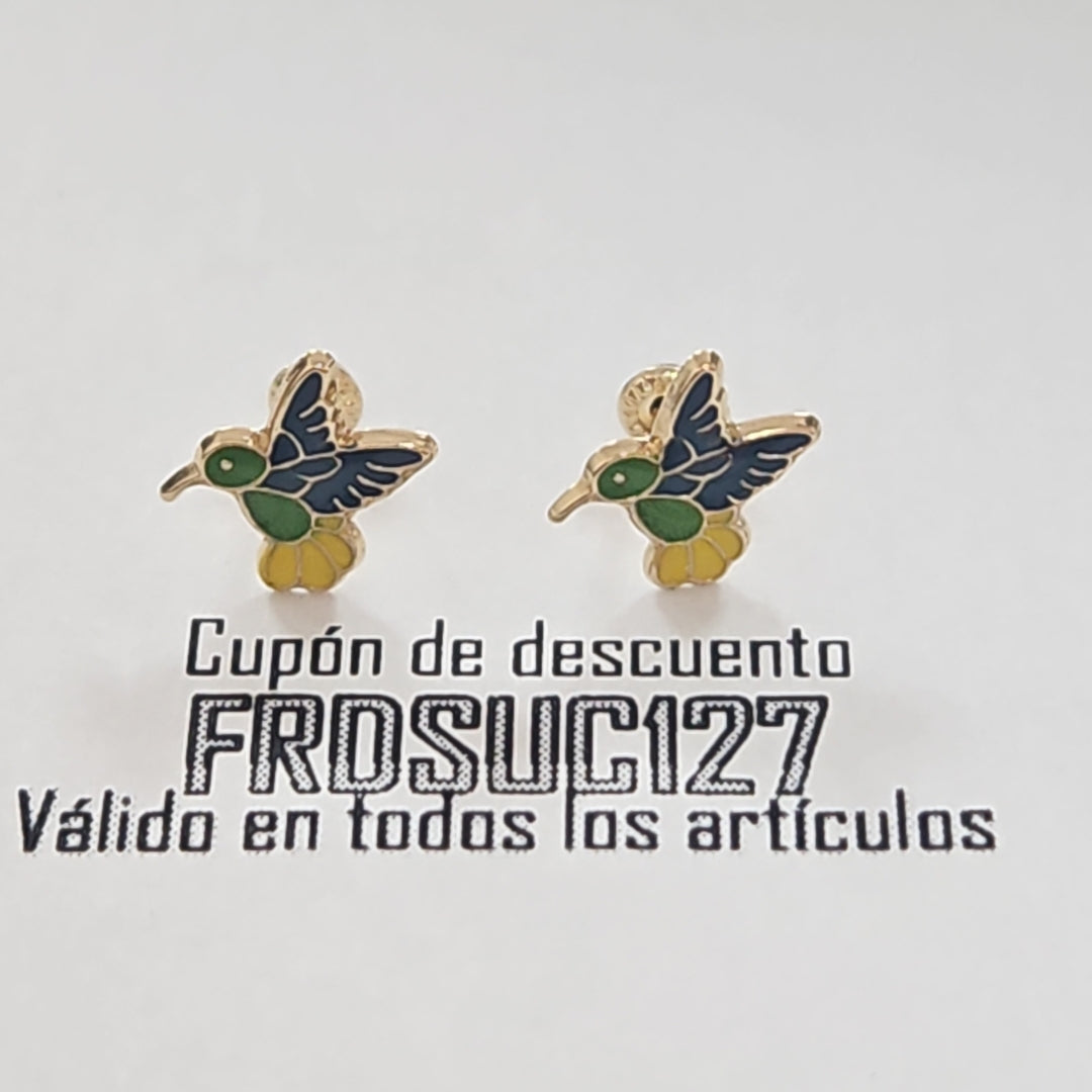 BROQUELES BROQUEL FIG COLIBRI ESMALTE VERDE 14K 0.2138 GR (NUEVO)