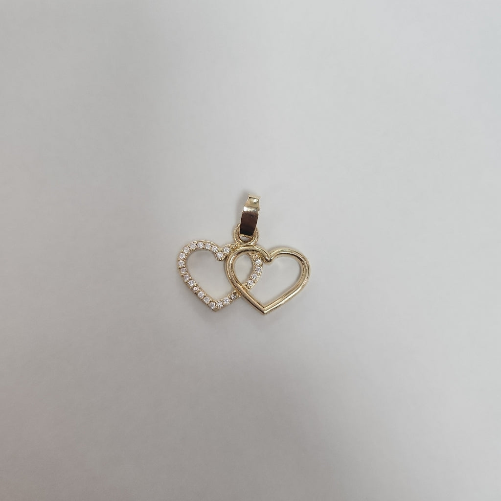 DIJE TEJIDO DOS CORAZONES CON CIRCONIAS 14K 1.4 GR (NUEVO)