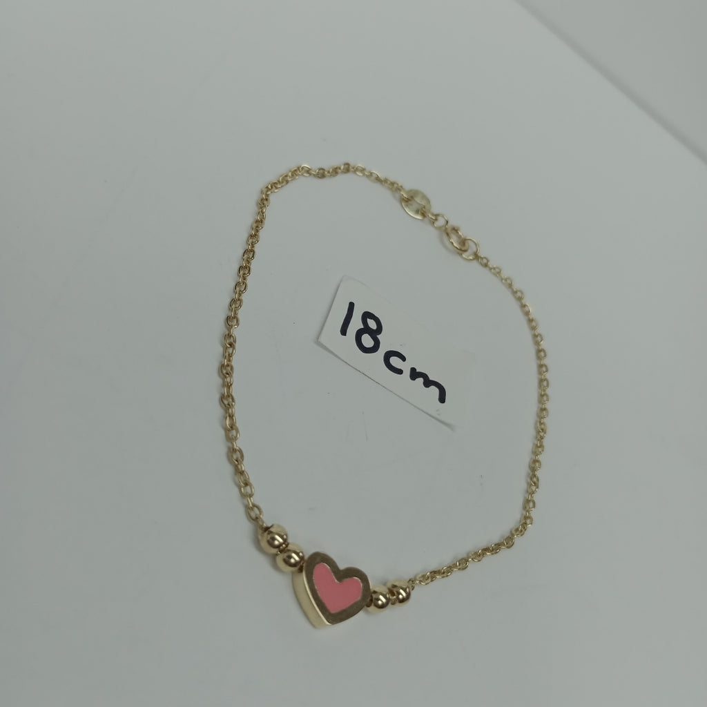PULSERA TEJIDO ESPECIAL CON FIGURA CORAZON CON ESMALTE ROSA 14K 18 CM 2 GR (NUEVO)