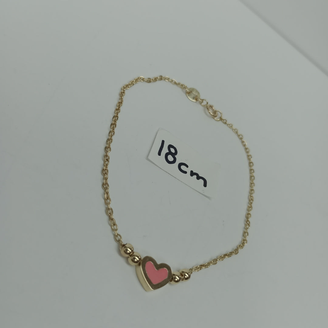 PULSERA TEJIDO ESPECIAL CON FIGURA CORAZON CON ESMALTE ROSA 14K 18 CM 2 GR (NUEVO)