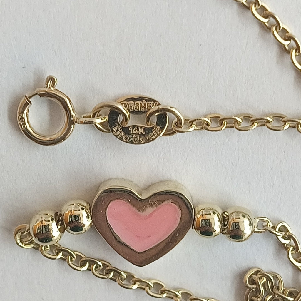 PULSERA TEJIDO ESPECIAL CON FIGURA CORAZON CON ESMALTE ROSA 14K 18 CM 1.9 GR (NUEVO)