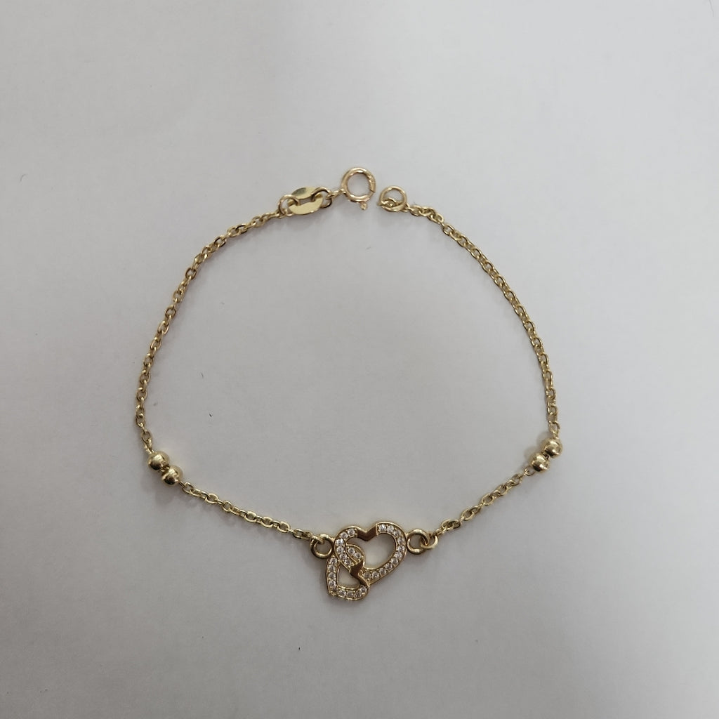 PULSERA TEJIDO ESPECIAL CORAZONES CON CIRCONIAS 14K 18 CM 2.4 GR (NUEVO)