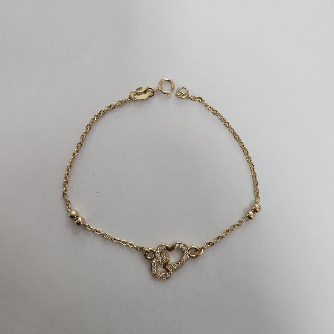 PULSERA TEJIDO ESPECIAL CORAZONES CON CIRCONIAS 14K 18 CM 2.4 GR (NUEVO)