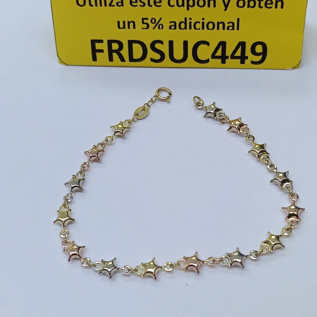 PULSERA TEJIDO ESPECIAL ESTRELLAS COMBINADAS 14K 18 CM 2.2 GR (NUEVO)