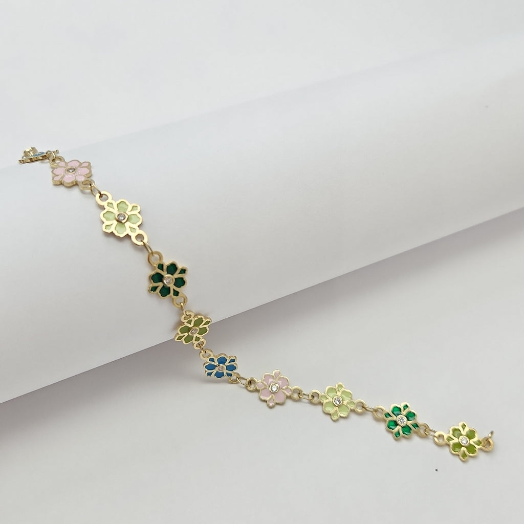 PULSERA ESPECIAL FLORES CON ESMALTE 14K 18 CM 4.6 GR (NUEVO)