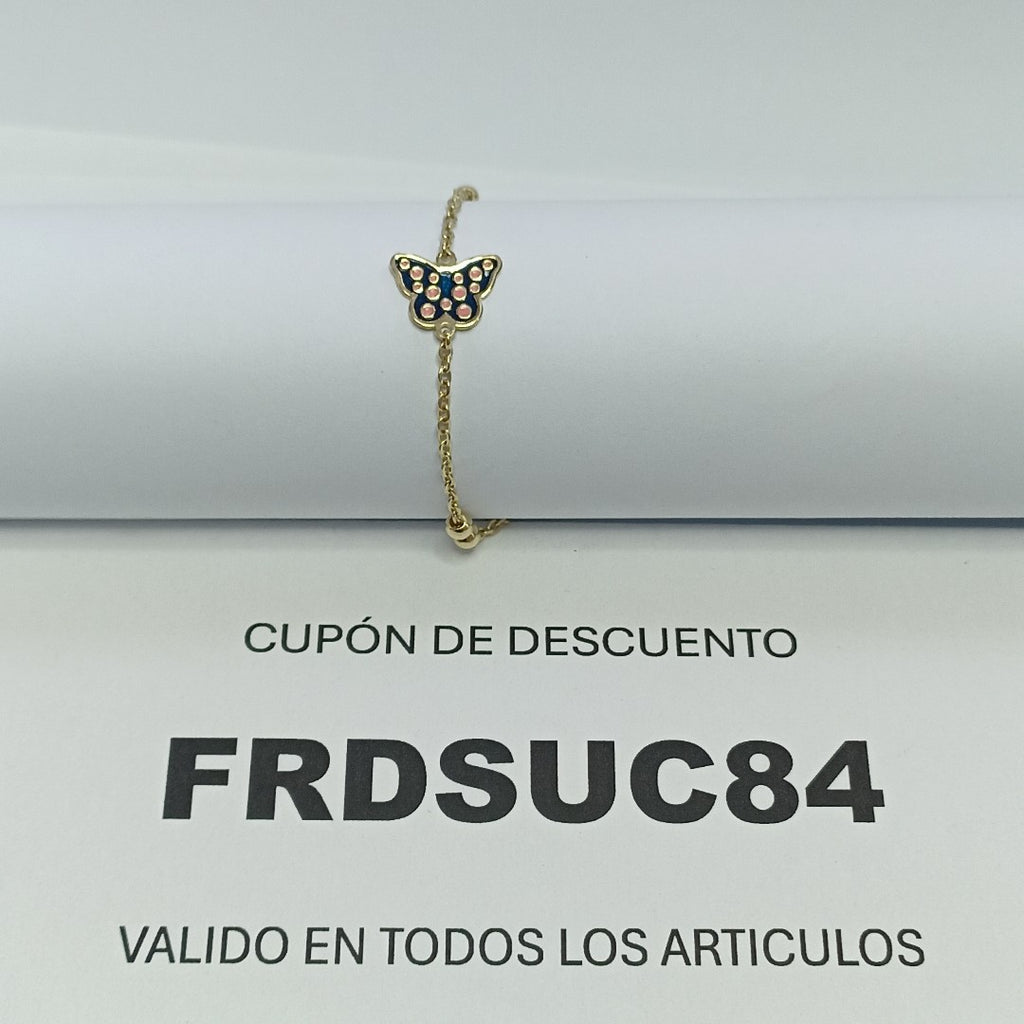 PULSERA TEJIDO ESPECIAL MARIPOSA CON ESMALTE 14K 18 CM 1.8 GR (NUEVO)