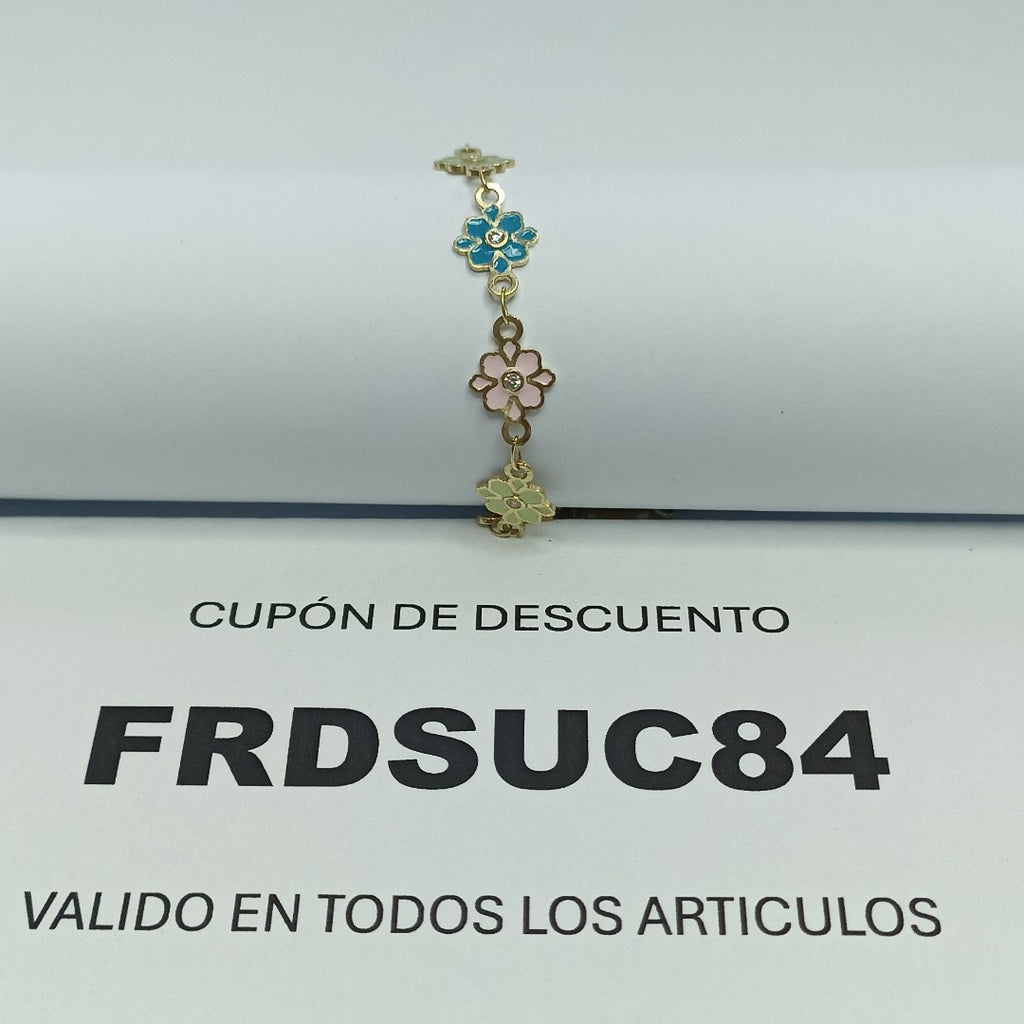 PULSERA ESPECIAL FLORES CON ESMALTE 14K 18 CM 4.6 GR (NUEVO)