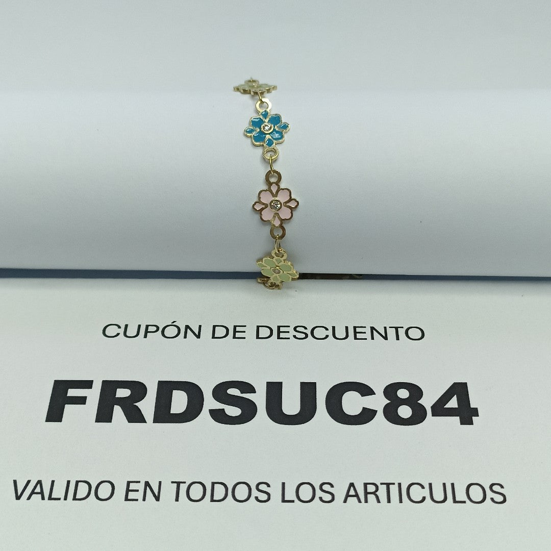 PULSERA ESPECIAL FLORES CON ESMALTE 14K 18 CM 4.6 GR (NUEVO)
