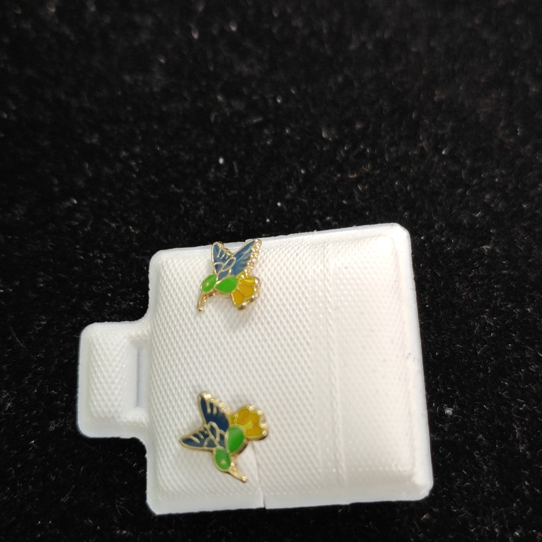 BROQUELES BROQUEL FIG COLIBRI ESMALTE VERDE 14K 0.2138 GR (NUEVO)