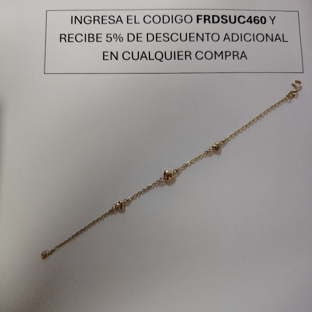 PULSERA TEJIDO ESPECIAL CON CORAZONES 14K 18 CM 1.6 GR (NUEVO)