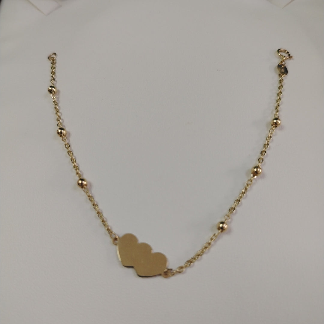 PULSERA TEJIDO ESPECIAL CON DOS CORAZONES 14K 18 CM 1.7 GR (NUEVO)