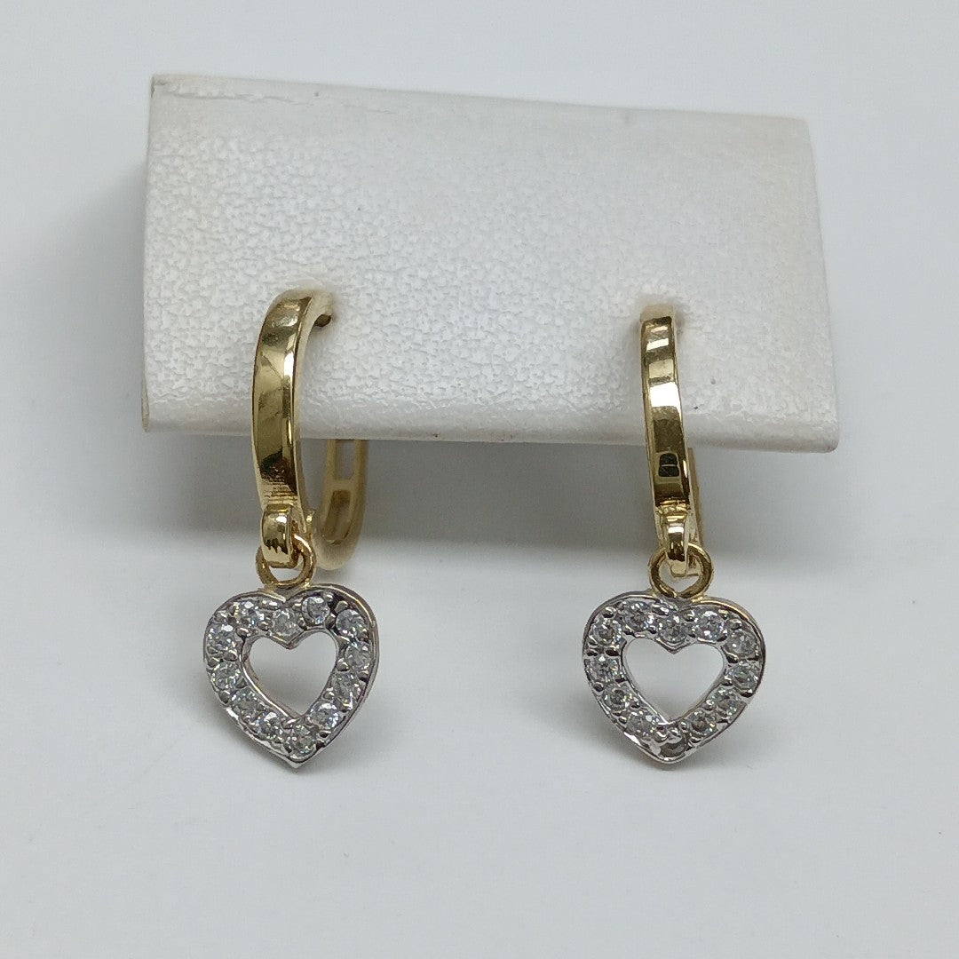 ARETES HUGGIES CON DIJE CORAZON Y CIRCONIAS 14K 2.1 GR (NUEVO)