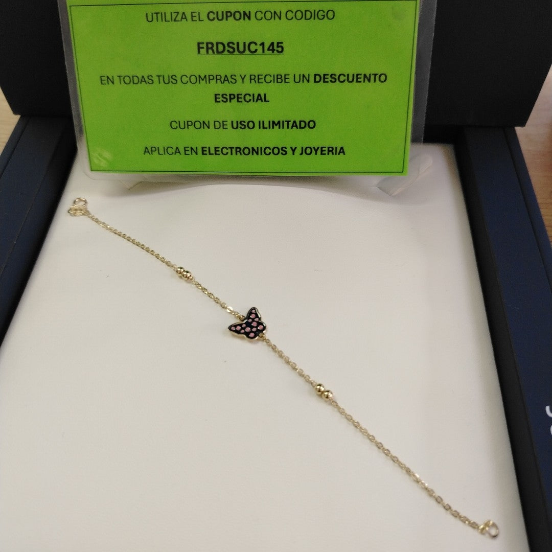 PULSERA TEJIDO ESPECIAL MARIPOSA CON ESMALTE 14K 18 CM 1.8 GR (NUEVO)