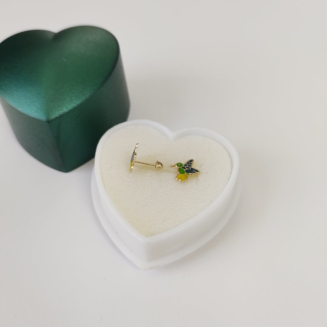 BROQUELES BROQUEL FIG COLIBRI ESMALTE VERDE 14K 0.2138 GR (NUEVO)