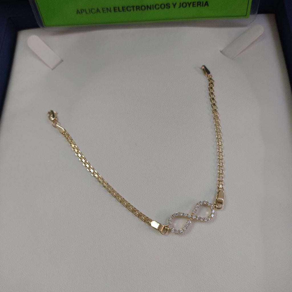 PULSERA TEJIDO ESPECIAL CON INFINITO Y CIRCONIAS 14K 18 CM 3.4 GR (NUEVO)