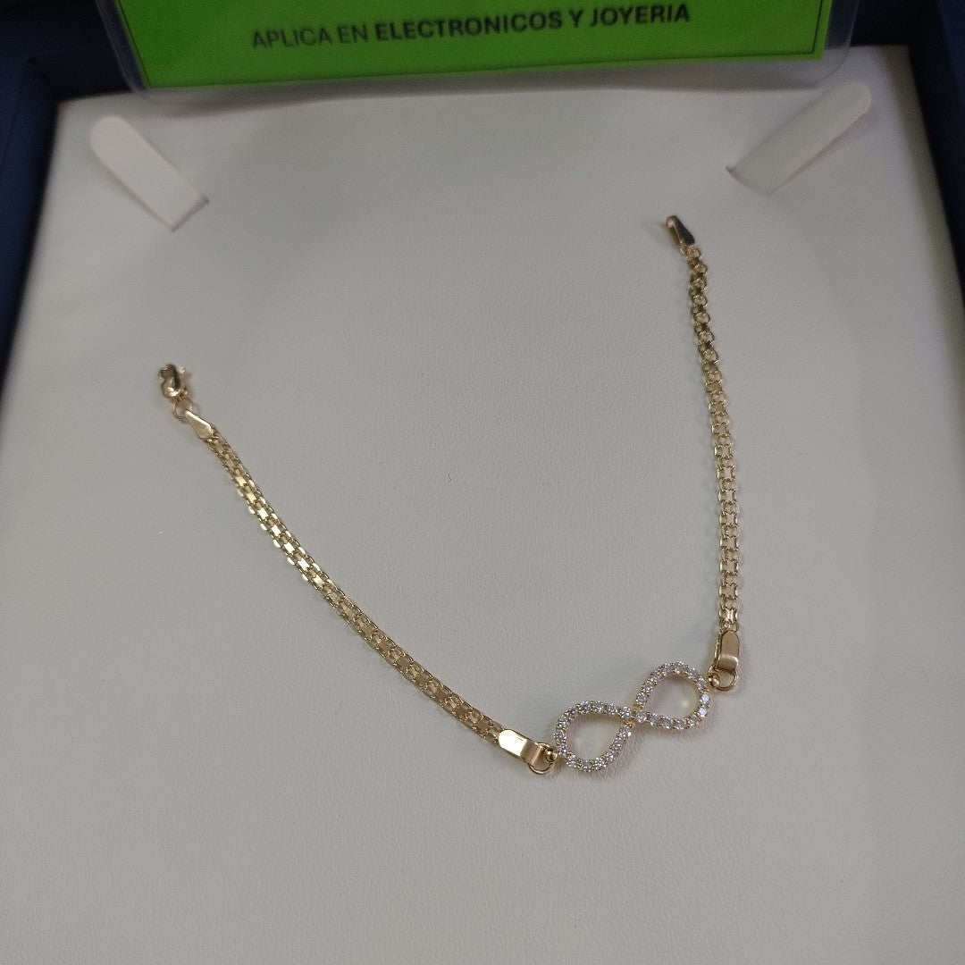 PULSERA TEJIDO ESPECIAL CON INFINITO Y CIRCONIAS 14K 18 CM 3.4 GR (NUEVO)