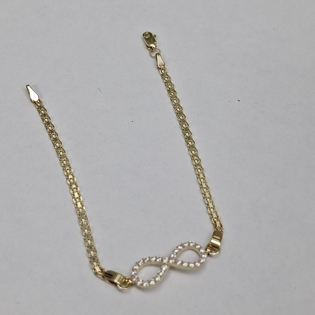PULSERA TEJIDO ESPECIAL CON INFINITO Y CIRCONIAS 14K 18 CM 3.4 GR (NUEVO)